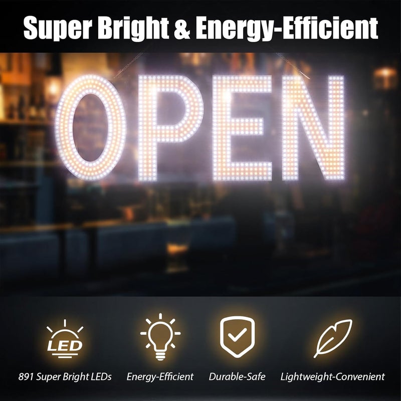 Thirdpolite علامة مفتوحة للأعمال، 40"x14" علامات LED كبيرة قابلة للتعتيم مع تركيب معلق للمقاهي والمتاجر والمطاعم والمكاتب والحانات والبارات والفنادق وصالونات الشعر باللون الأبيض الدافئ - Image 5
